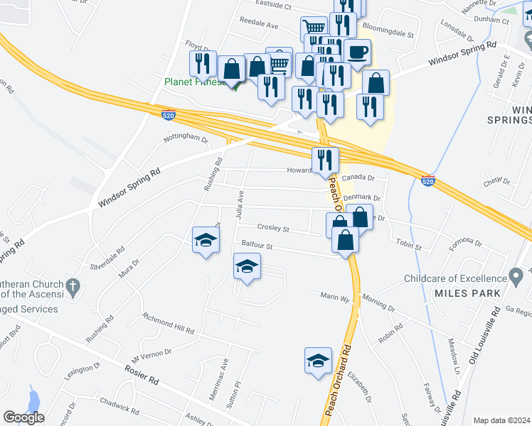 map of restaurants, bars, coffee shops, grocery stores, and more near 2138 Silverdale Road in Augusta
