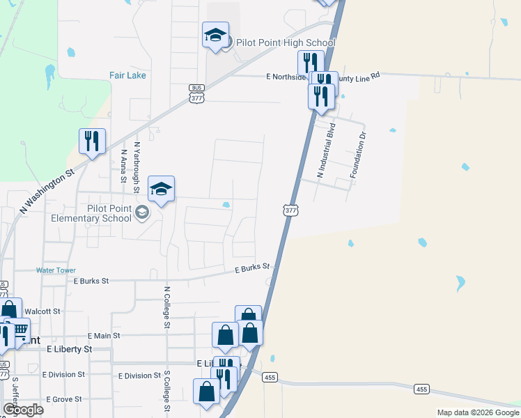 map of restaurants, bars, coffee shops, grocery stores, and more near 589 MB's Way in Pilot Point