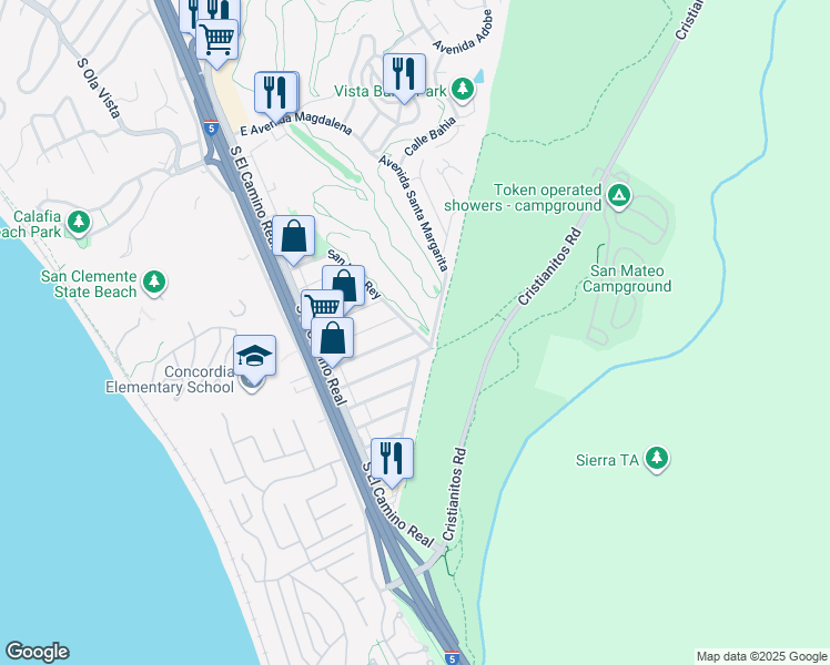 map of restaurants, bars, coffee shops, grocery stores, and more near 229 Avenida Buena Ventura in San Clemente