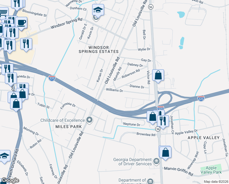 map of restaurants, bars, coffee shops, grocery stores, and more near 1952 Williams Drive in Augusta
