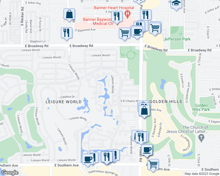 map of restaurants, bars, coffee shops, grocery stores, and more near 528 Leisure World in Mesa