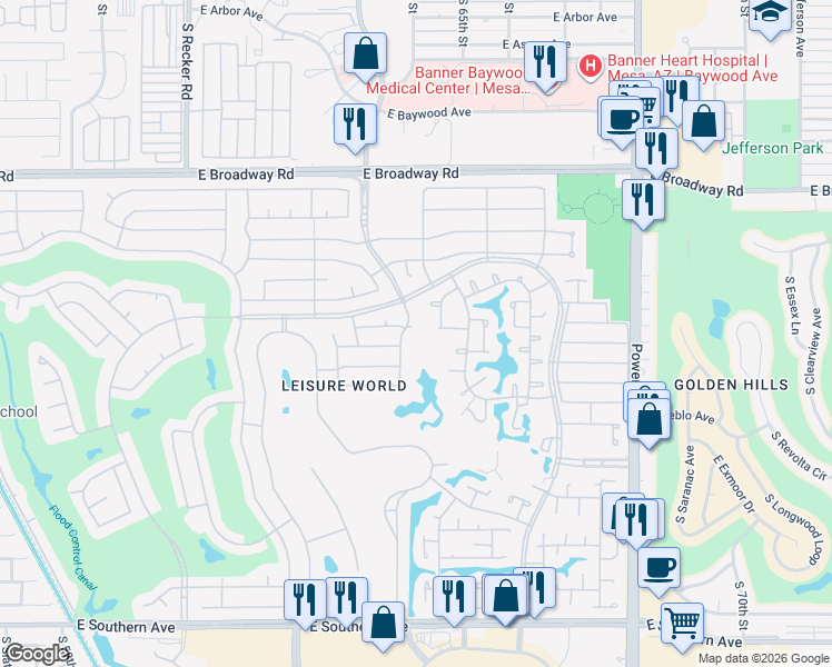 map of restaurants, bars, coffee shops, grocery stores, and more near 2643 Leisure World in Mesa