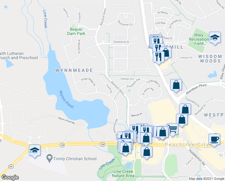 map of restaurants, bars, coffee shops, grocery stores, and more near 604 Tower Road in Peachtree City