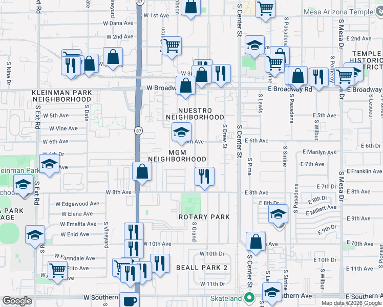 map of restaurants, bars, coffee shops, grocery stores, and more near 624 South Grand in Mesa