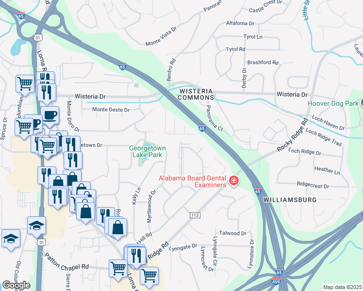 map of restaurants, bars, coffee shops, grocery stores, and more near 3320 Warringwood Drive in Hoover