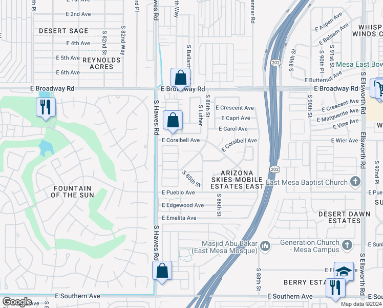 map of restaurants, bars, coffee shops, grocery stores, and more near 8535 East Dewberry Avenue in Mesa