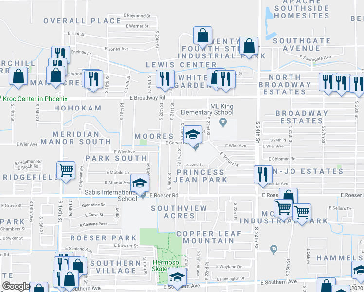 map of restaurants, bars, coffee shops, grocery stores, and more near 4801 South 21st Street in Phoenix