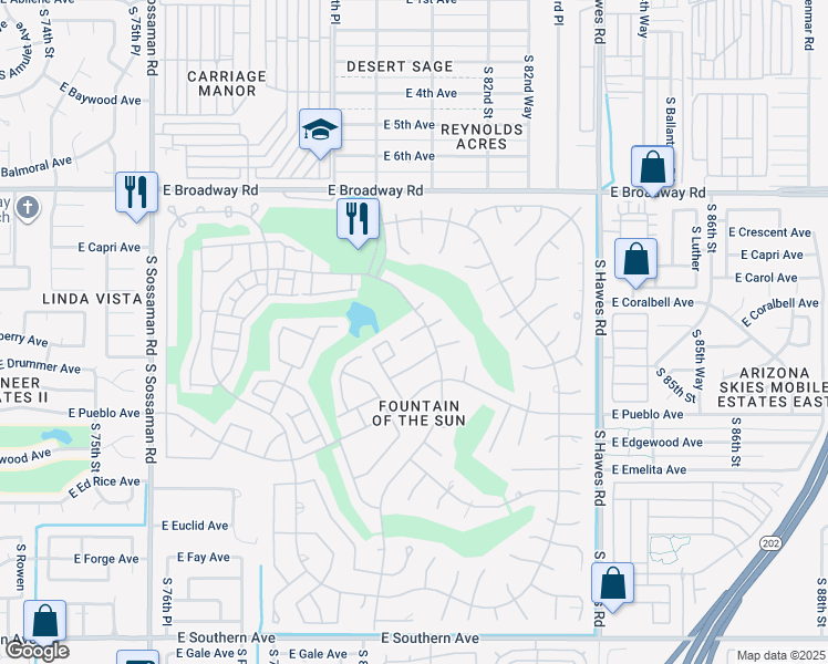 map of restaurants, bars, coffee shops, grocery stores, and more near 650 South 80th Street in Mesa
