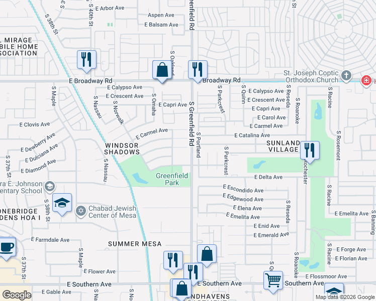 map of restaurants, bars, coffee shops, grocery stores, and more near 4363 East Dragoon Circle in Mesa