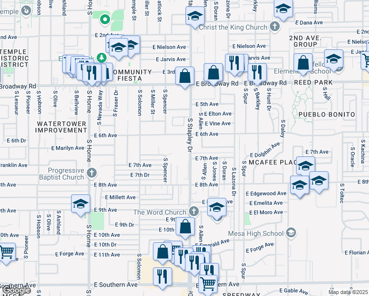 map of restaurants, bars, coffee shops, grocery stores, and more near 622 South Stapley Drive in Mesa
