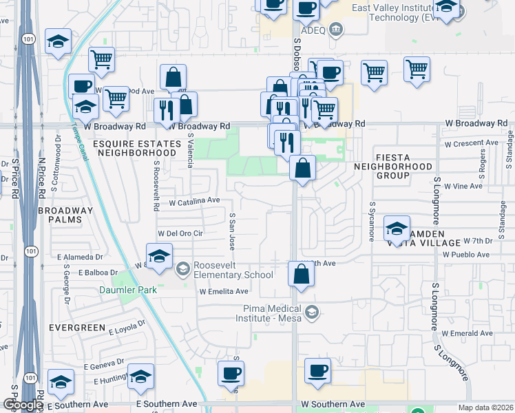 map of restaurants, bars, coffee shops, grocery stores, and more near 600 South Dobson Road in Mesa