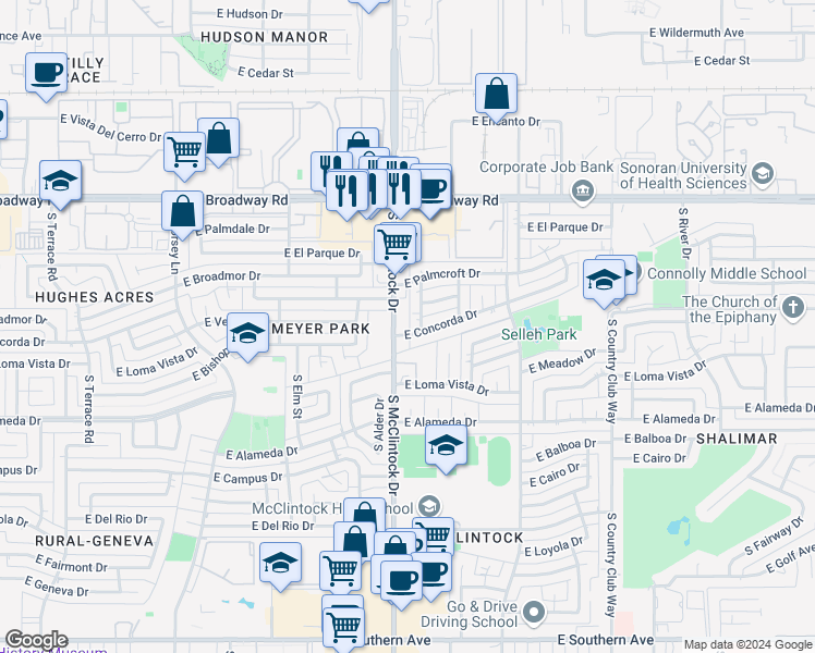 map of restaurants, bars, coffee shops, grocery stores, and more near 2340 South McClintock Drive in Tempe