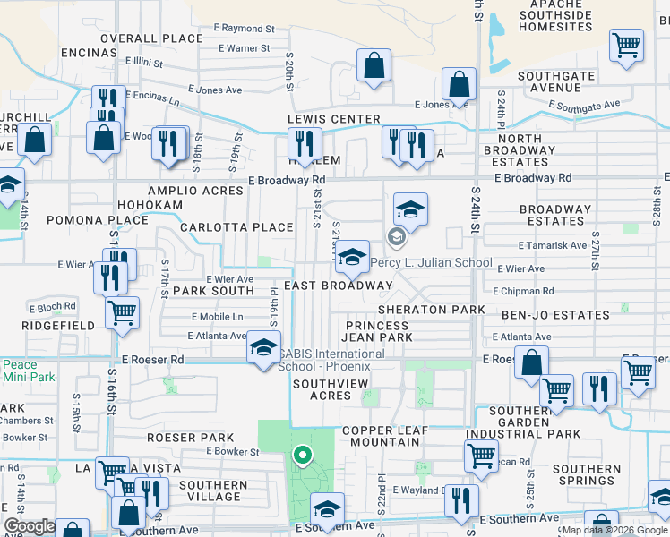 map of restaurants, bars, coffee shops, grocery stores, and more near 4801 South 21st Street in Phoenix