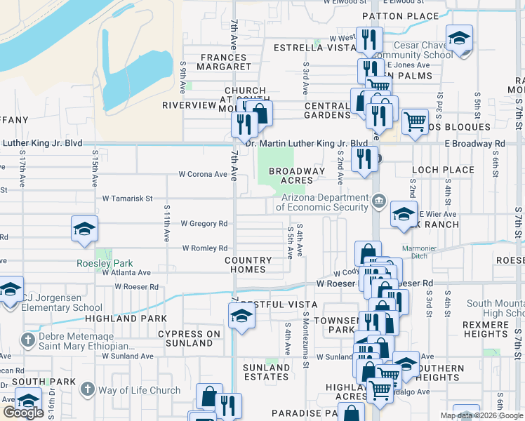 map of restaurants, bars, coffee shops, grocery stores, and more near 530 West Wier Avenue in Phoenix