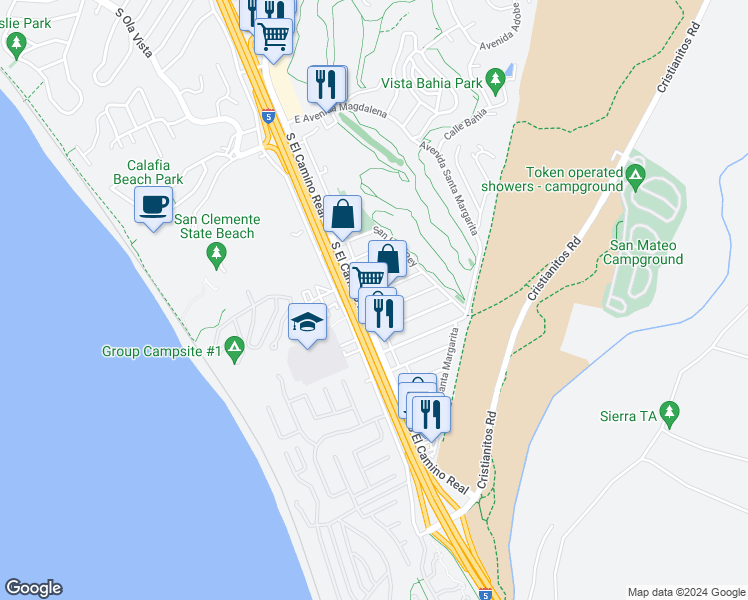 map of restaurants, bars, coffee shops, grocery stores, and more near 110 Avenida San Dimas in San Clemente