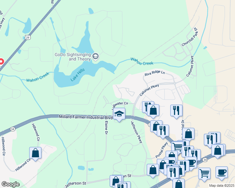 map of restaurants, bars, coffee shops, grocery stores, and more near 319 Lullwater Circle in Newnan