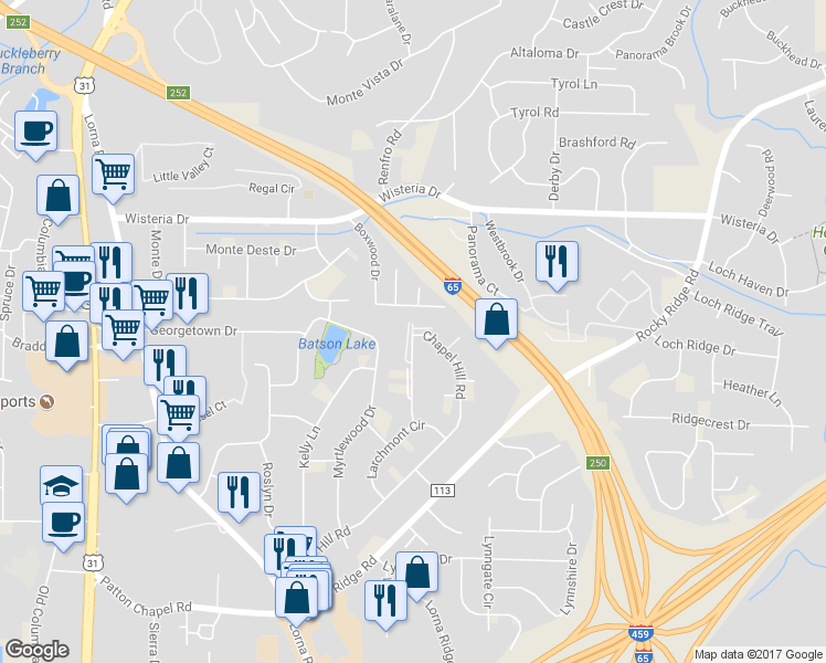 map of restaurants, bars, coffee shops, grocery stores, and more near 3203 Spring Aire Court in Hoover