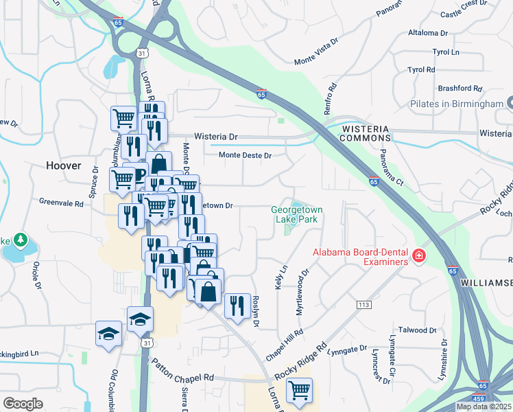 map of restaurants, bars, coffee shops, grocery stores, and more near 2865 Georgetown Drive in Birmingham