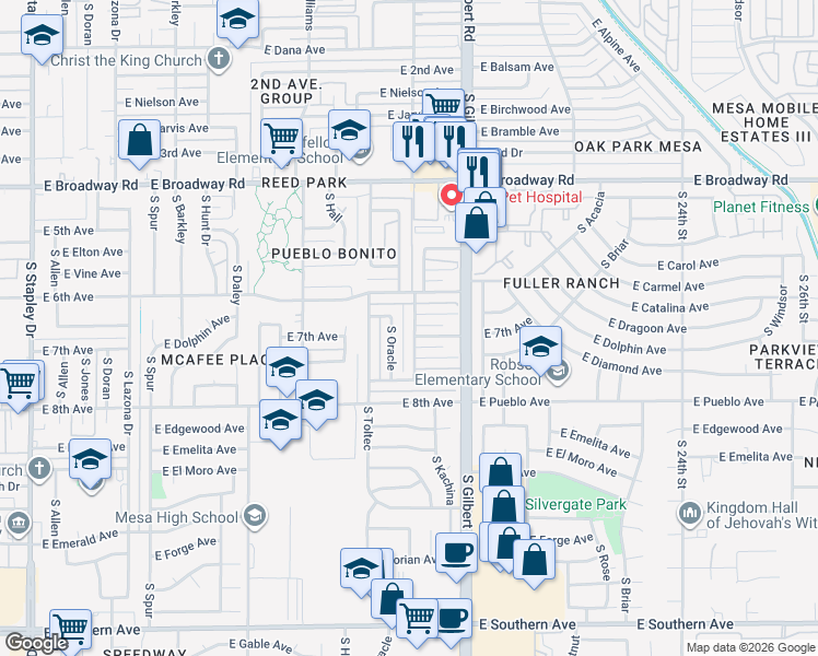 map of restaurants, bars, coffee shops, grocery stores, and more near 644 South Kachina in Mesa