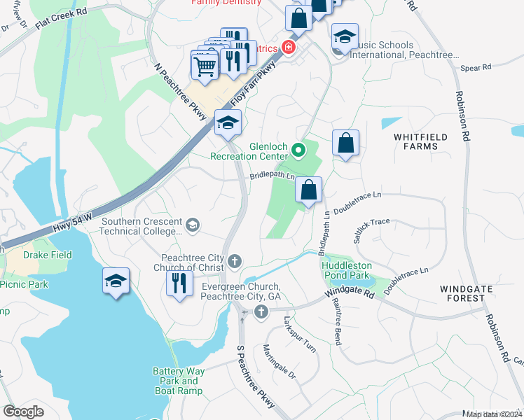 map of restaurants, bars, coffee shops, grocery stores, and more near 114 Clydesdale Road in Peachtree City