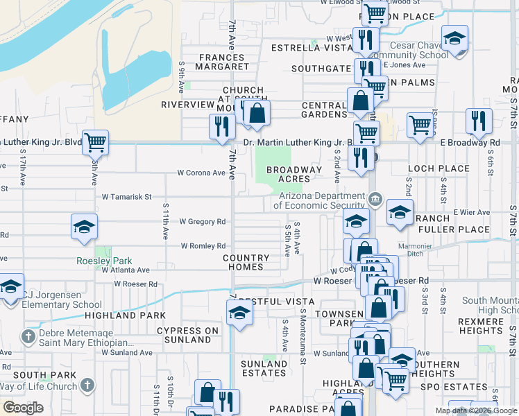 map of restaurants, bars, coffee shops, grocery stores, and more near 530 West Wier Avenue in Phoenix