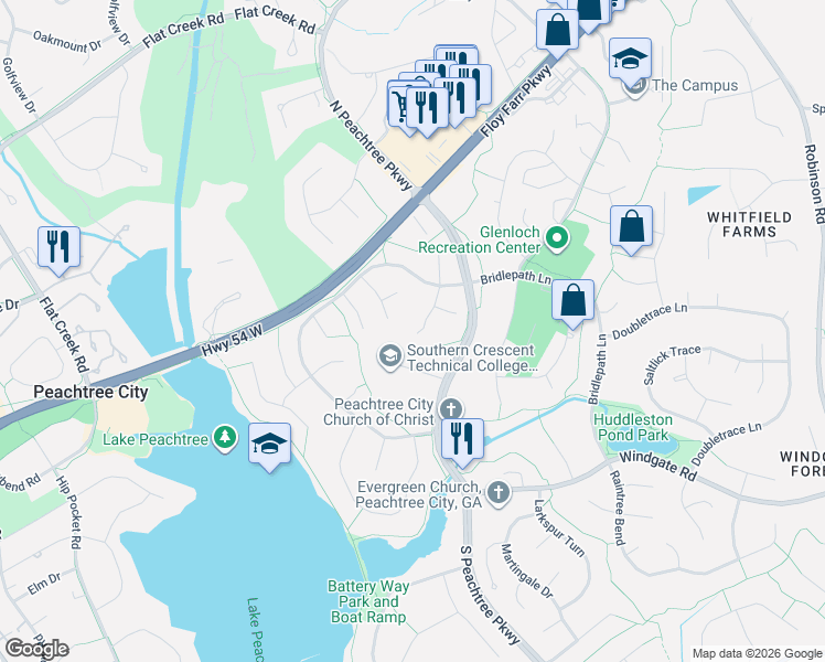 map of restaurants, bars, coffee shops, grocery stores, and more near 203 Banks Run in Peachtree City