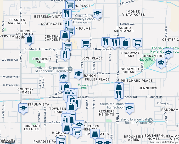 map of restaurants, bars, coffee shops, grocery stores, and more near 4647 South 3rd Street in Phoenix
