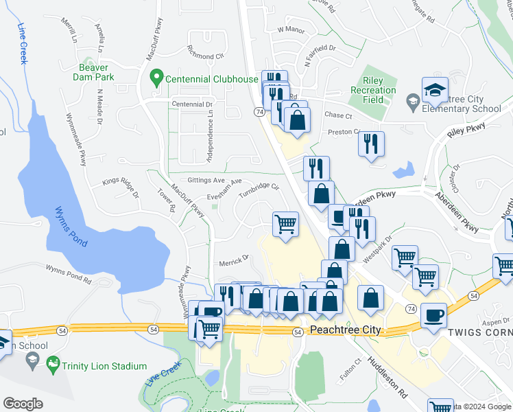 map of restaurants, bars, coffee shops, grocery stores, and more near 132 Saint Albans Way in Peachtree City