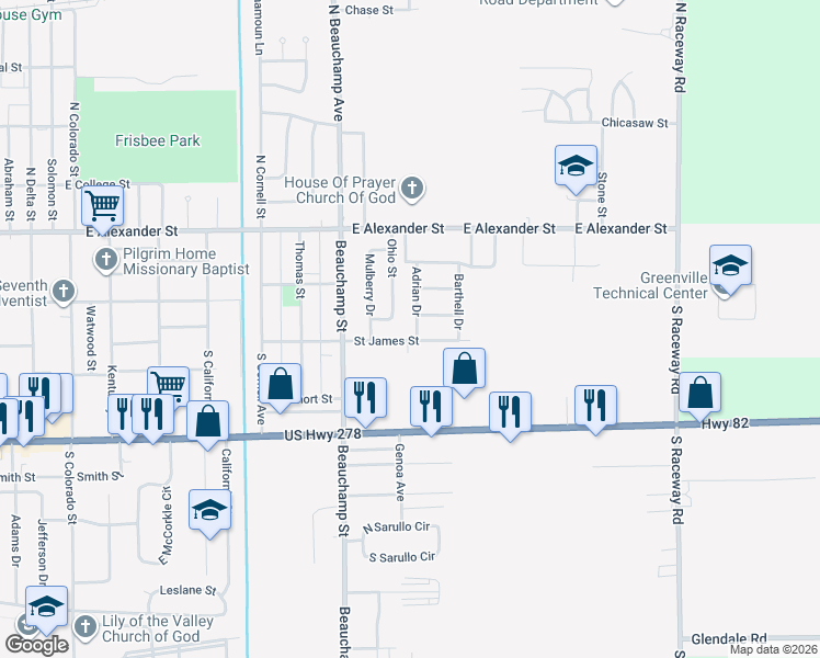 map of restaurants, bars, coffee shops, grocery stores, and more near 351 Adrian Drive in Greenville