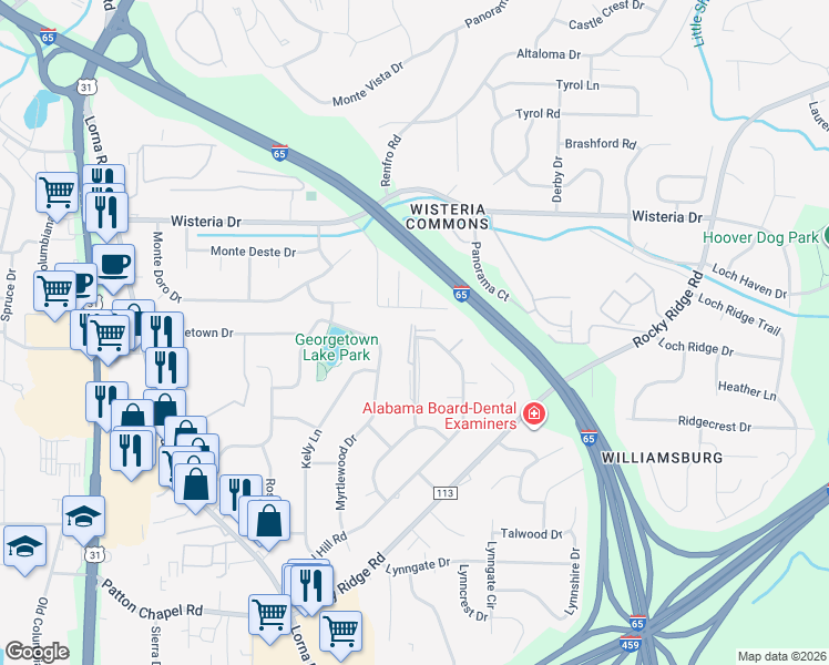 map of restaurants, bars, coffee shops, grocery stores, and more near 3328 Warringwood Drive in Hoover