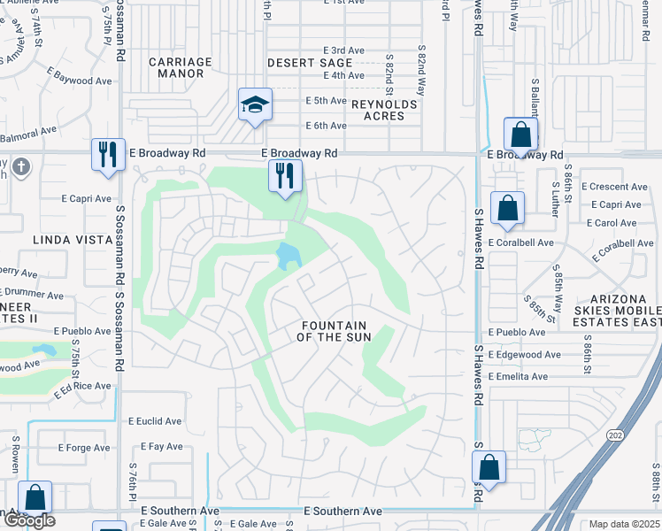 map of restaurants, bars, coffee shops, grocery stores, and more near 650 South 80th Street in Mesa