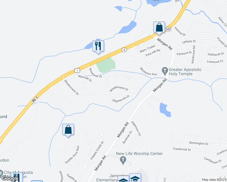 map of restaurants, bars, coffee shops, grocery stores, and more near 3520 Windermere Drive in Hephzibah