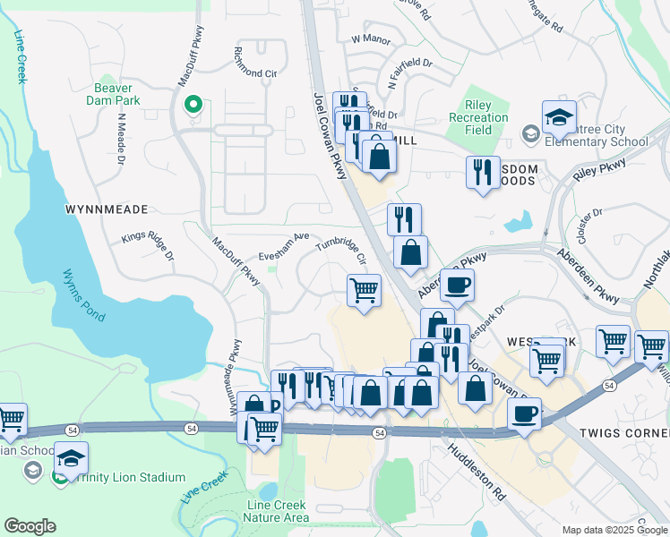 map of restaurants, bars, coffee shops, grocery stores, and more near 136 Saint Albans Way in Peachtree City