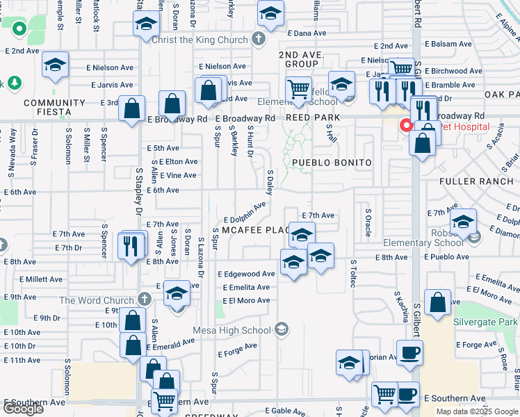 map of restaurants, bars, coffee shops, grocery stores, and more near 1527 East Dolphin Avenue in Mesa