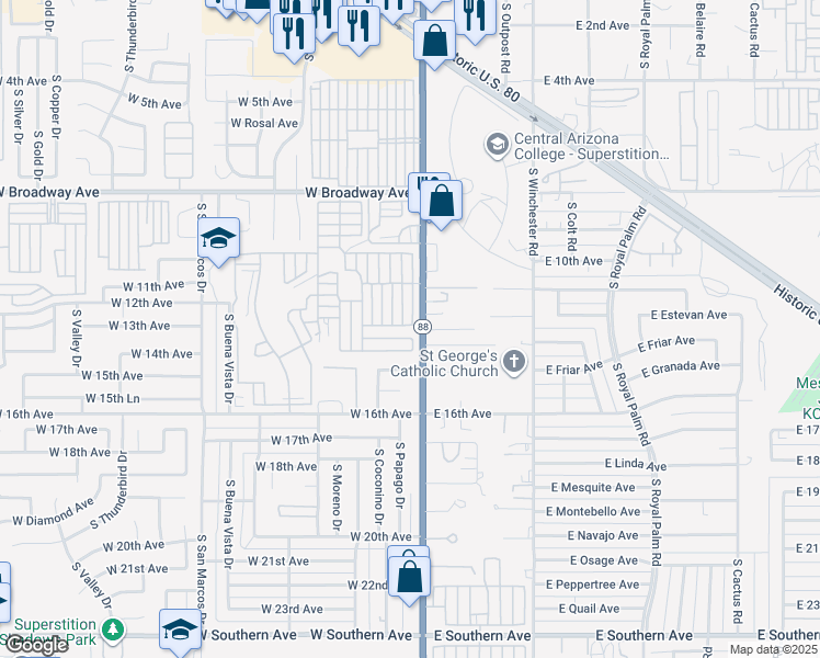 map of restaurants, bars, coffee shops, grocery stores, and more near 1000 South Idaho Road in Apache Junction