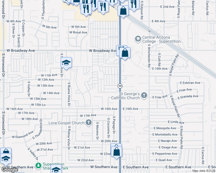 map of restaurants, bars, coffee shops, grocery stores, and more near 1000 South Idaho Road in Apache Junction