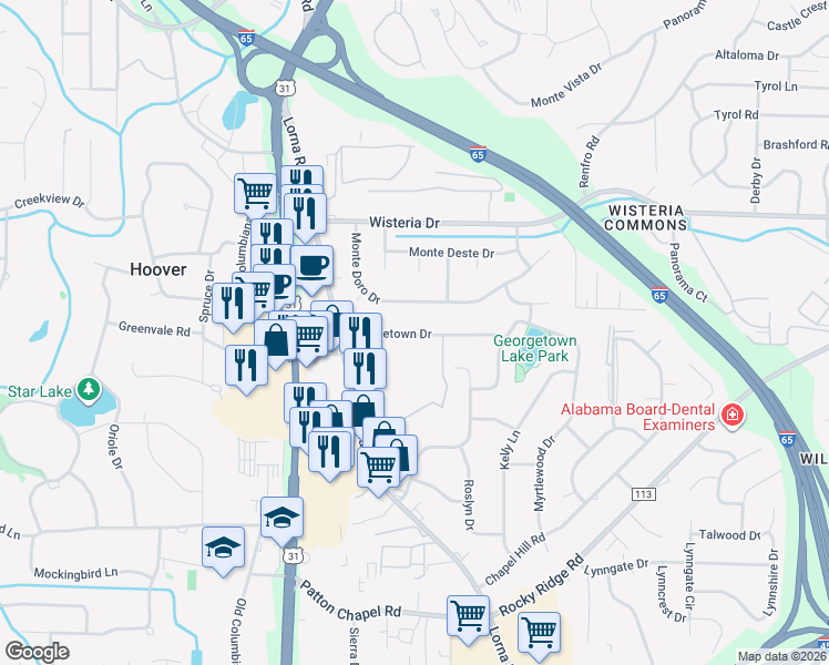 map of restaurants, bars, coffee shops, grocery stores, and more near 2821 Georgetown Drive in Hoover
