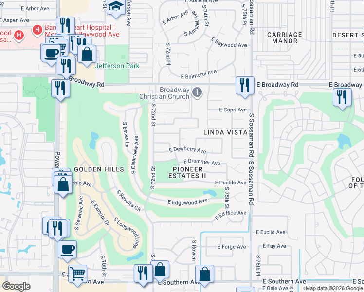 map of restaurants, bars, coffee shops, grocery stores, and more near 7304 East Dewberry Avenue in Mesa