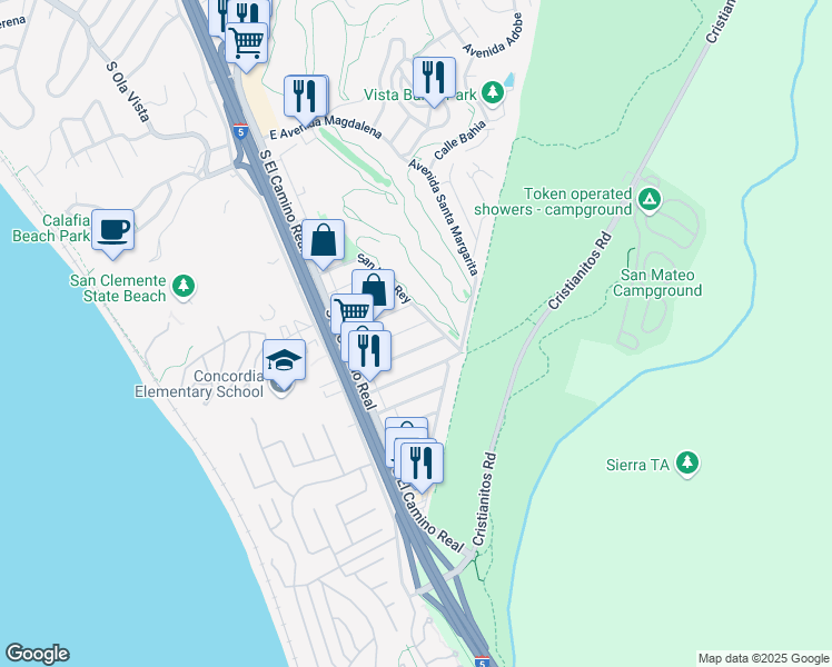 map of restaurants, bars, coffee shops, grocery stores, and more near 130 Avenida San Fernando in San Clemente