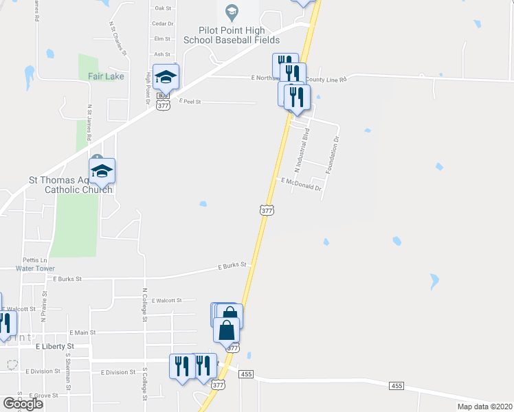map of restaurants, bars, coffee shops, grocery stores, and more near 800 U.S. 377 in Pilot Point