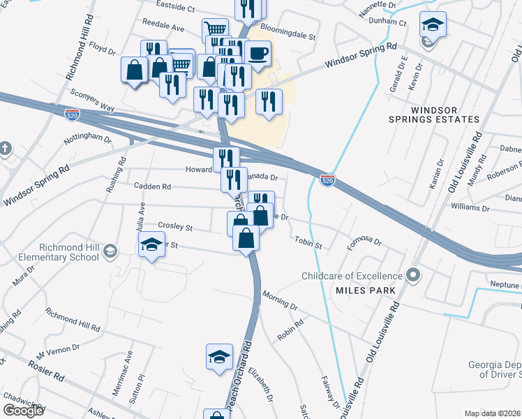 map of restaurants, bars, coffee shops, grocery stores, and more near 2011 Melrose Drive in Augusta