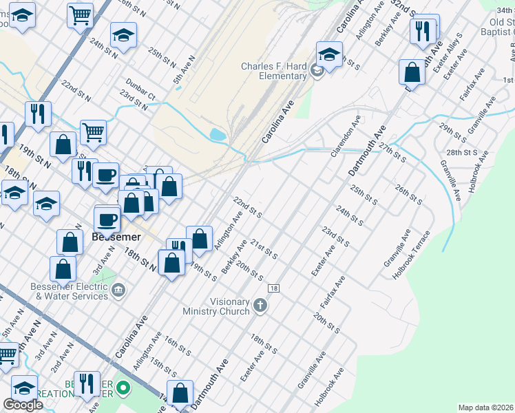 map of restaurants, bars, coffee shops, grocery stores, and more near 2200 22nd Street North in Bessemer