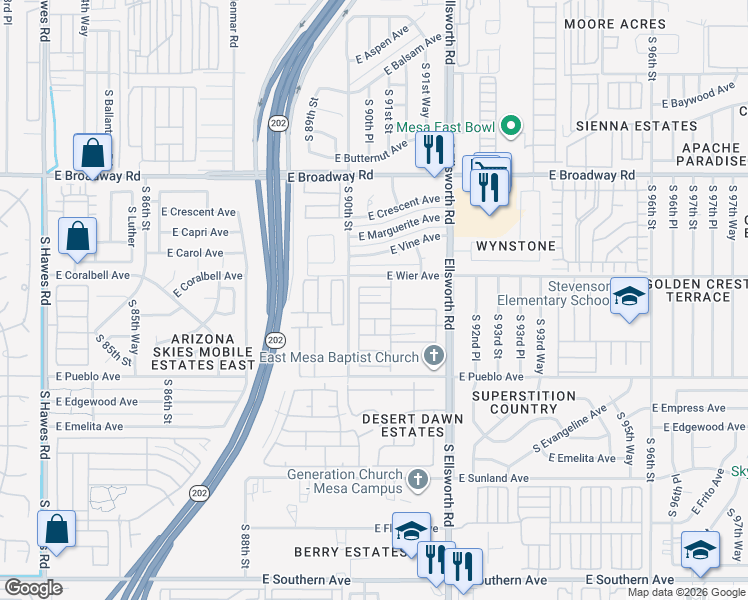 map of restaurants, bars, coffee shops, grocery stores, and more near Mobile Home Park in Mesa