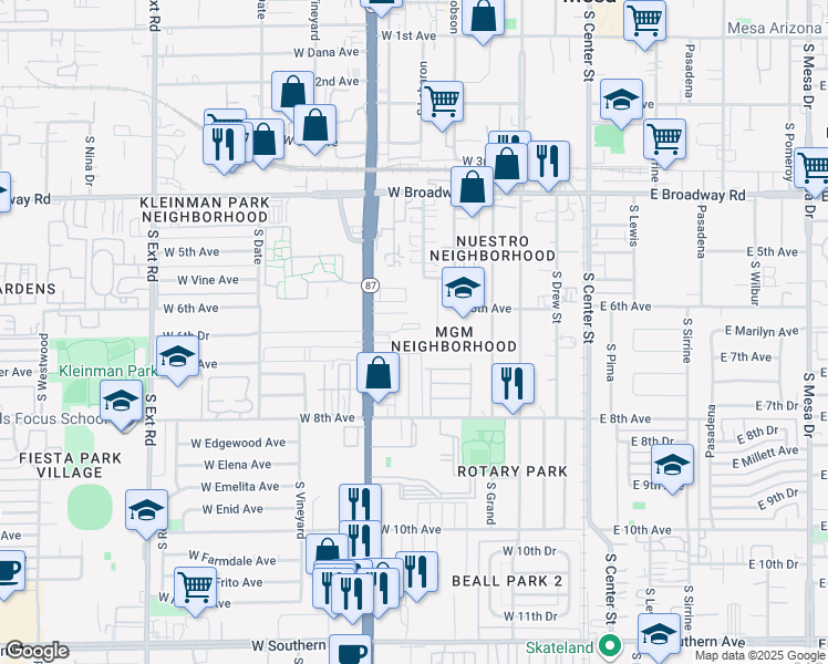 map of restaurants, bars, coffee shops, grocery stores, and more near 623 South Country Club Drive in Mesa