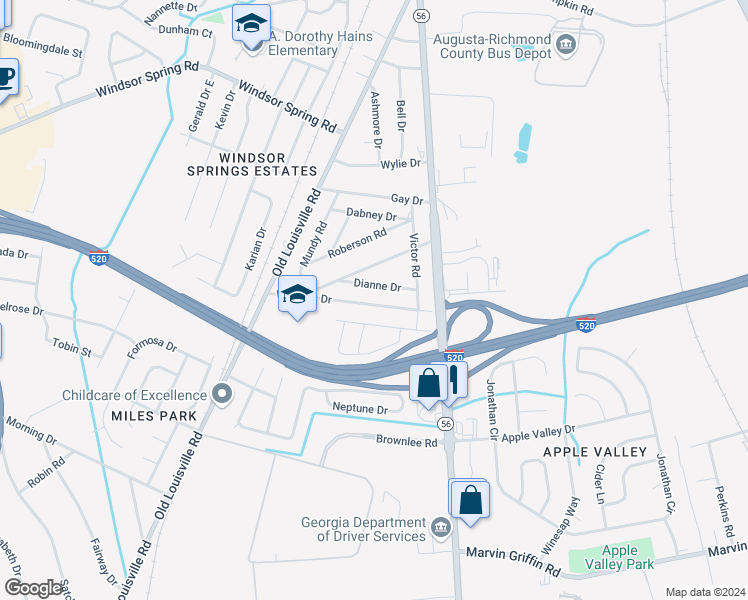map of restaurants, bars, coffee shops, grocery stores, and more near 1919 Williams Drive in Augusta