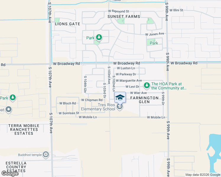 map of restaurants, bars, coffee shops, grocery stores, and more near 10255 West Marguerite Avenue in Tolleson