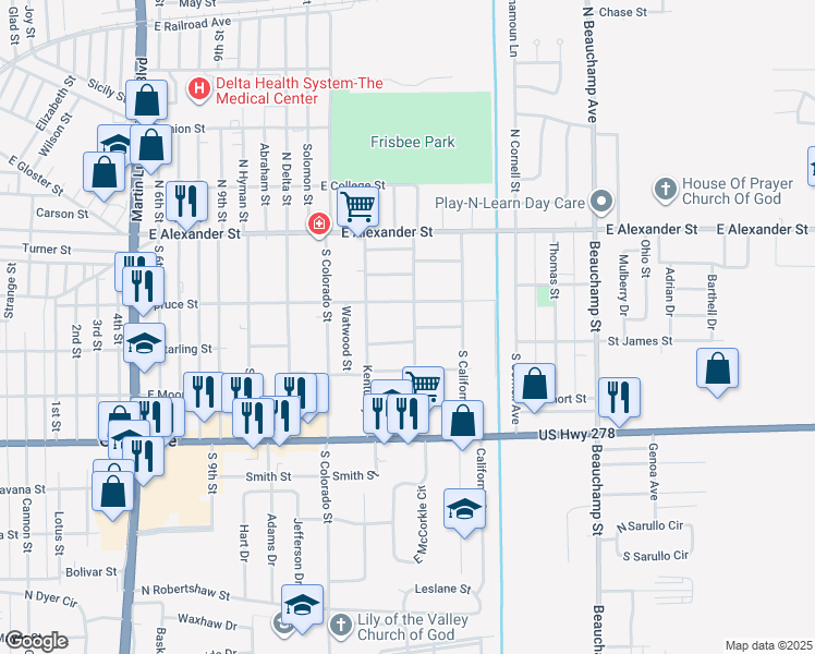 map of restaurants, bars, coffee shops, grocery stores, and more near 329 South Florida Street in Greenville