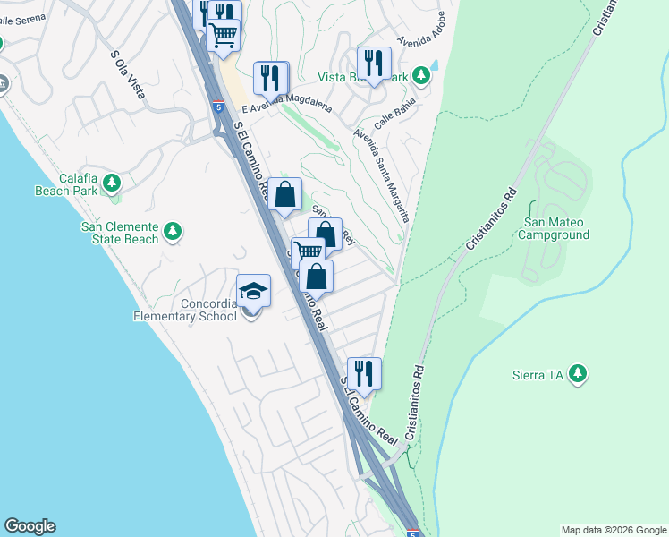 map of restaurants, bars, coffee shops, grocery stores, and more near 115 Avenida San Fernando in San Clemente