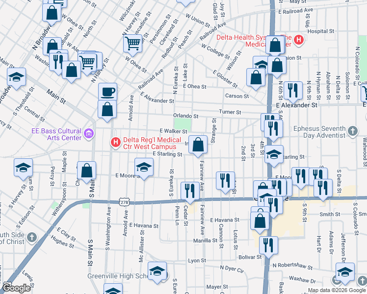 map of restaurants, bars, coffee shops, grocery stores, and more near 419 Inez Street in Greenville