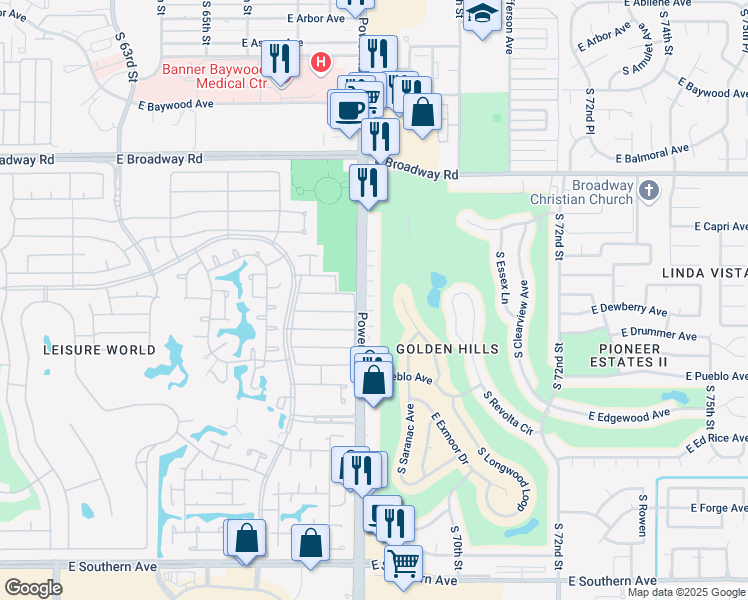 map of restaurants, bars, coffee shops, grocery stores, and more near 625 South Power Road in Mesa